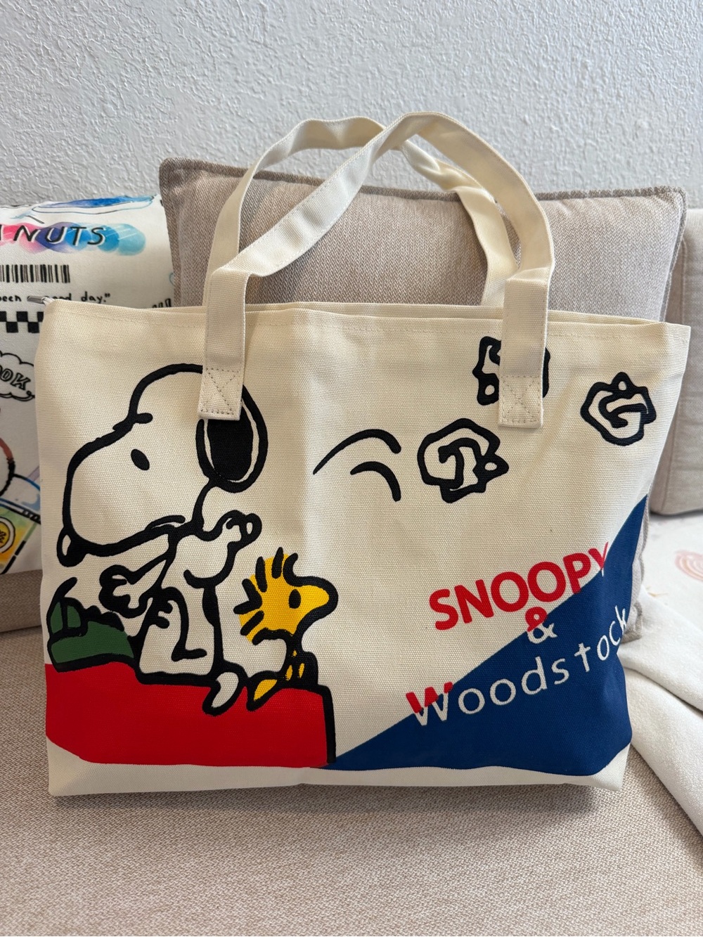 Snoopy & Woodstock Canvas Tote Bag - Cream, Red, Blue
